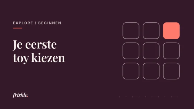 Donker aubergine vlak met de tekst Je eerste toy kiezen en een raster van negen afgeronde vakjes, waarvan er één koraal is