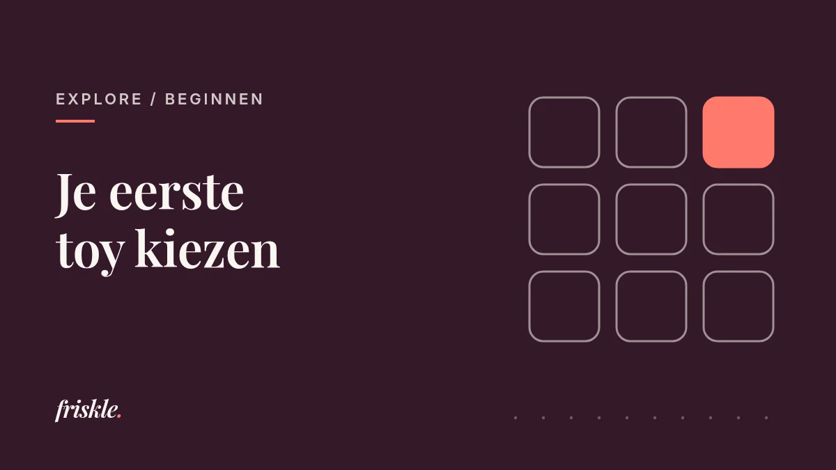 Donker aubergine vlak met de tekst Je eerste toy kiezen en een raster van negen afgeronde vakjes, waarvan er één koraal is